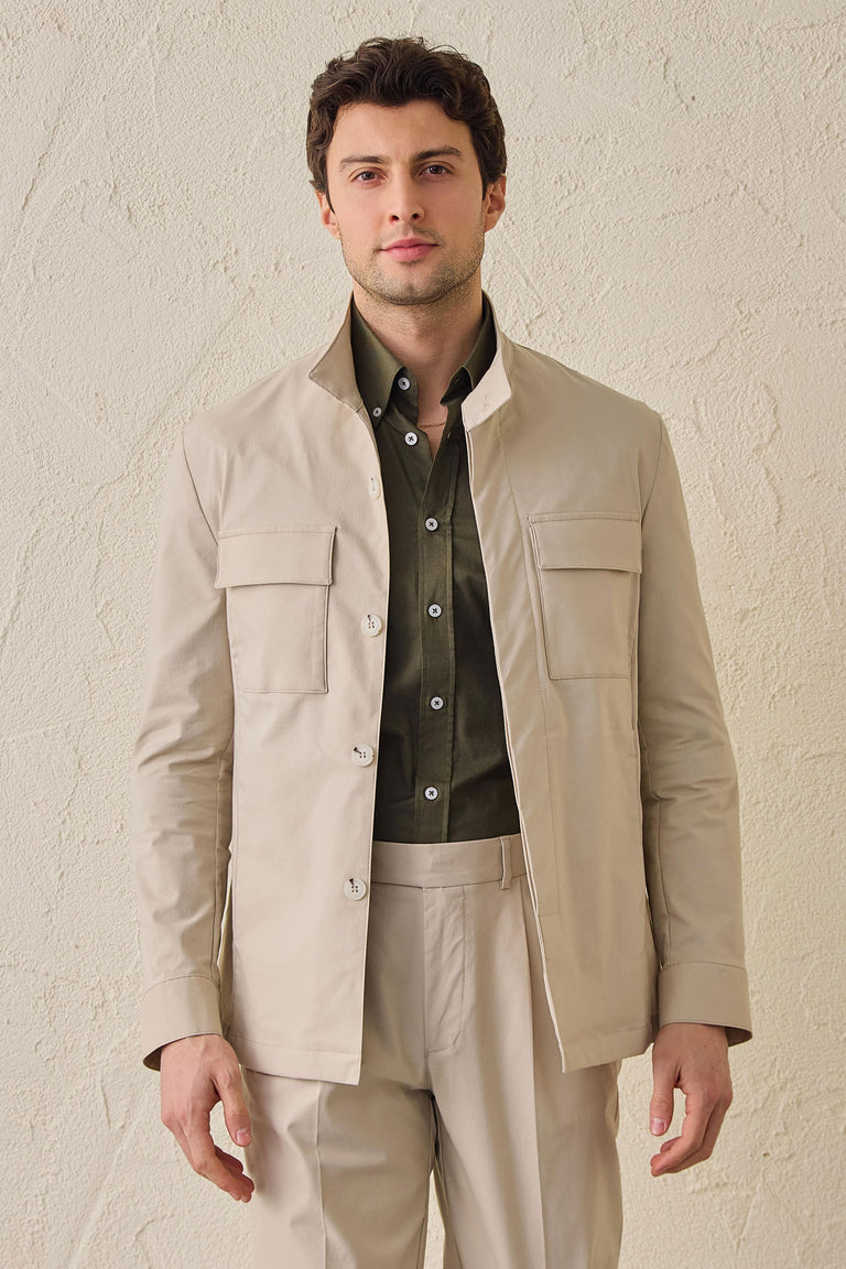 Veste utilitaire beige pour homme, légère, en mélange de coton, style décontracté chic