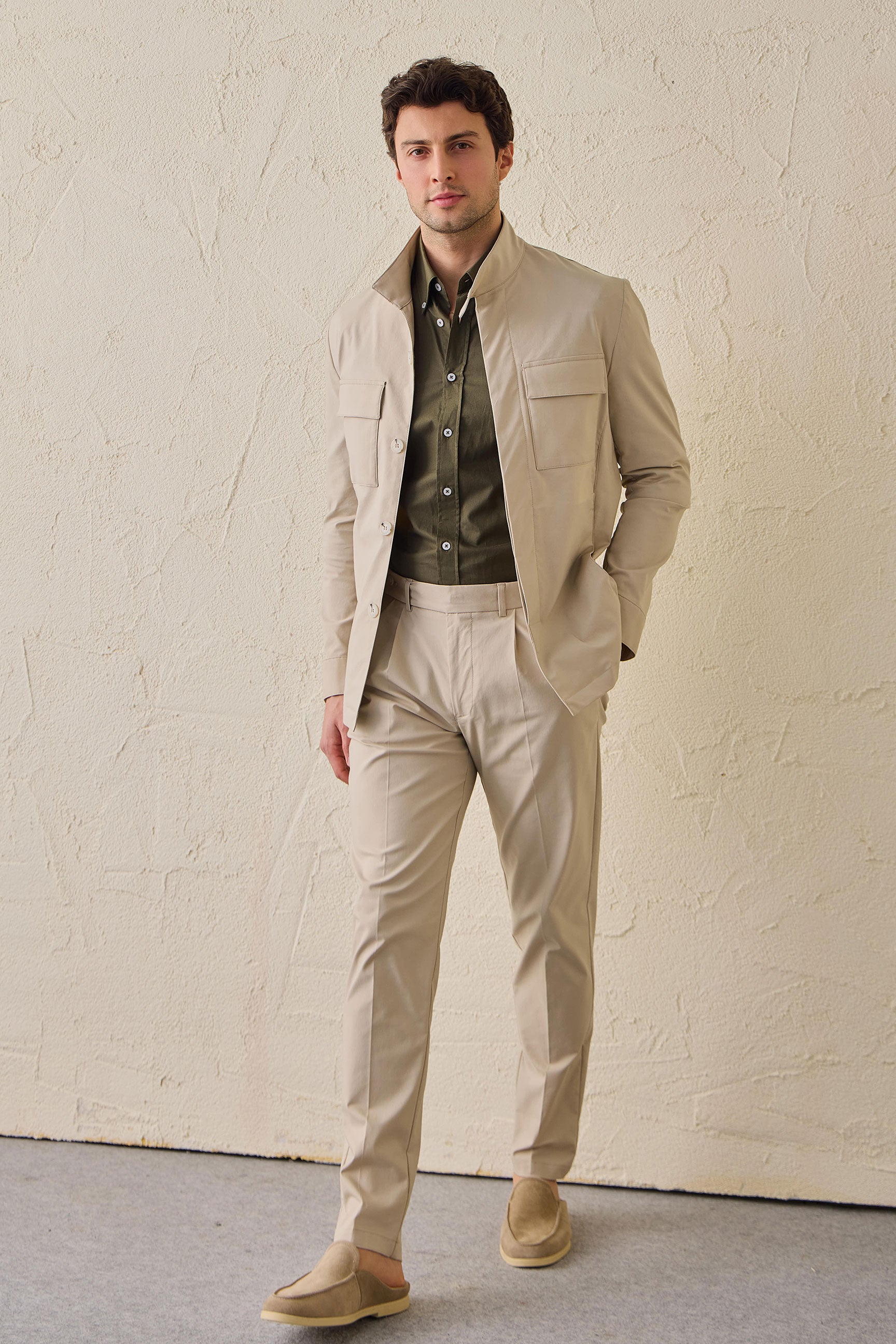 Veste utilitaire beige pour homme, légère, en mélange de coton, style décontracté chic