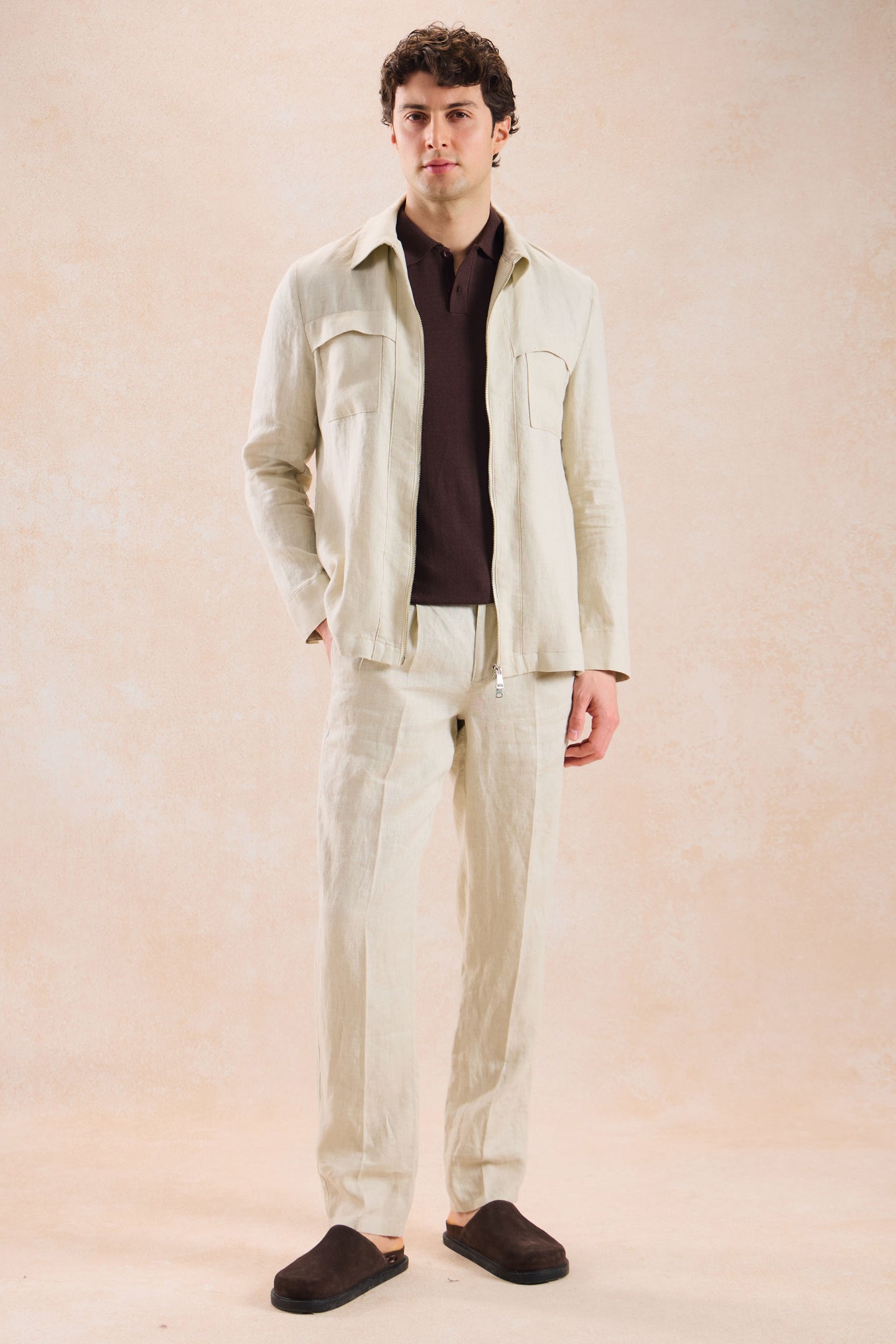 Surchemise légère d'été en lin beige pour homme, à fermeture éclair.