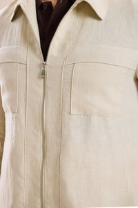 Surchemise légère d'été en lin beige pour homme, à fermeture éclair.