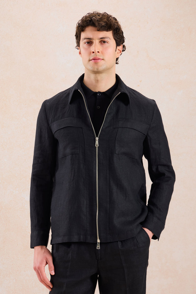 Surchemise d'été légère en lin noir pour homme, à fermeture éclair