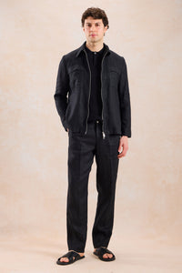 Surchemise d'été légère en lin noir pour homme, à fermeture éclair