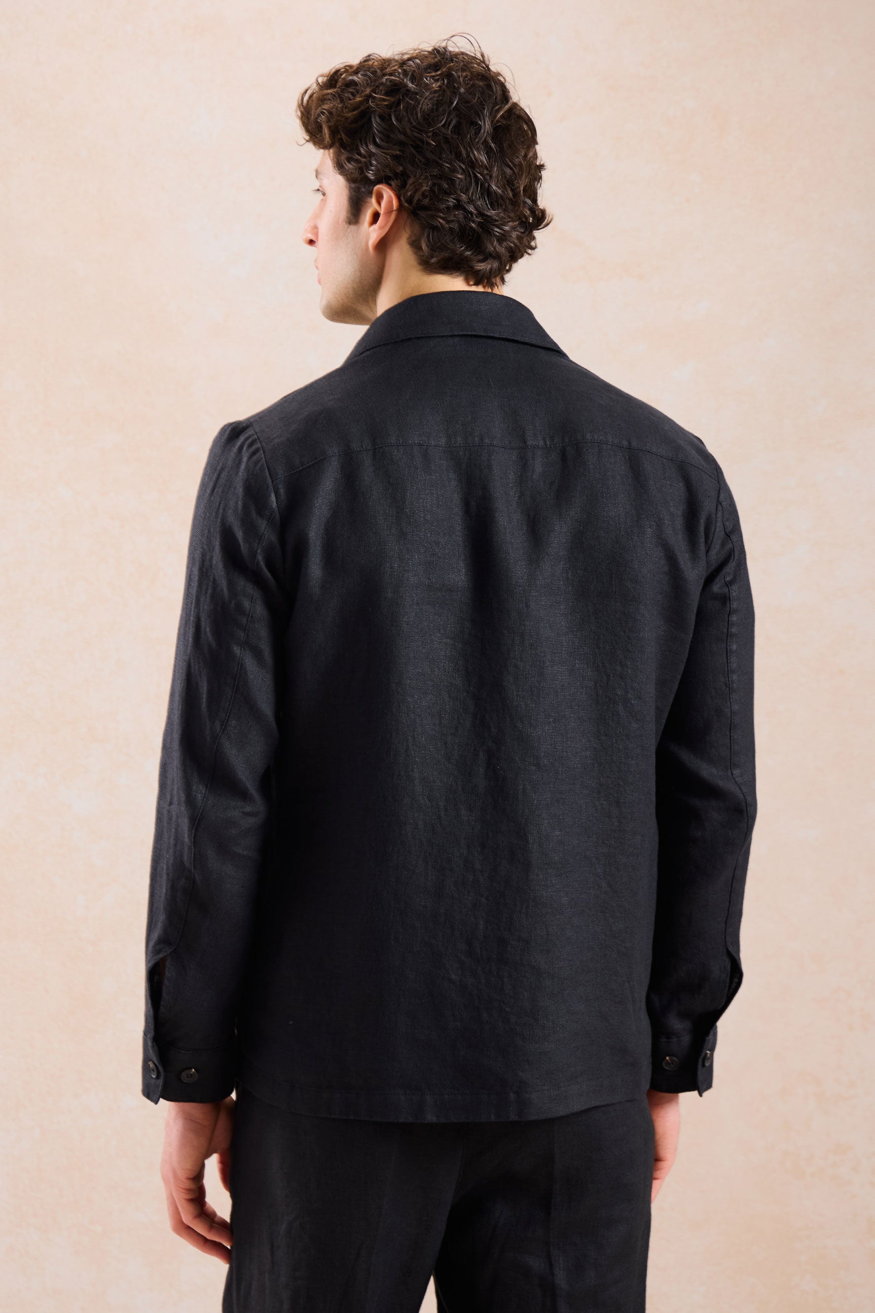 Surchemise d'été légère en lin noir pour homme, à fermeture éclair