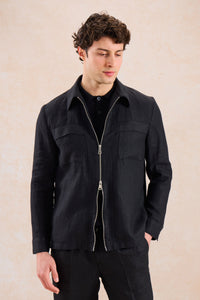 Surchemise d'été légère en lin noir pour homme, à fermeture éclair