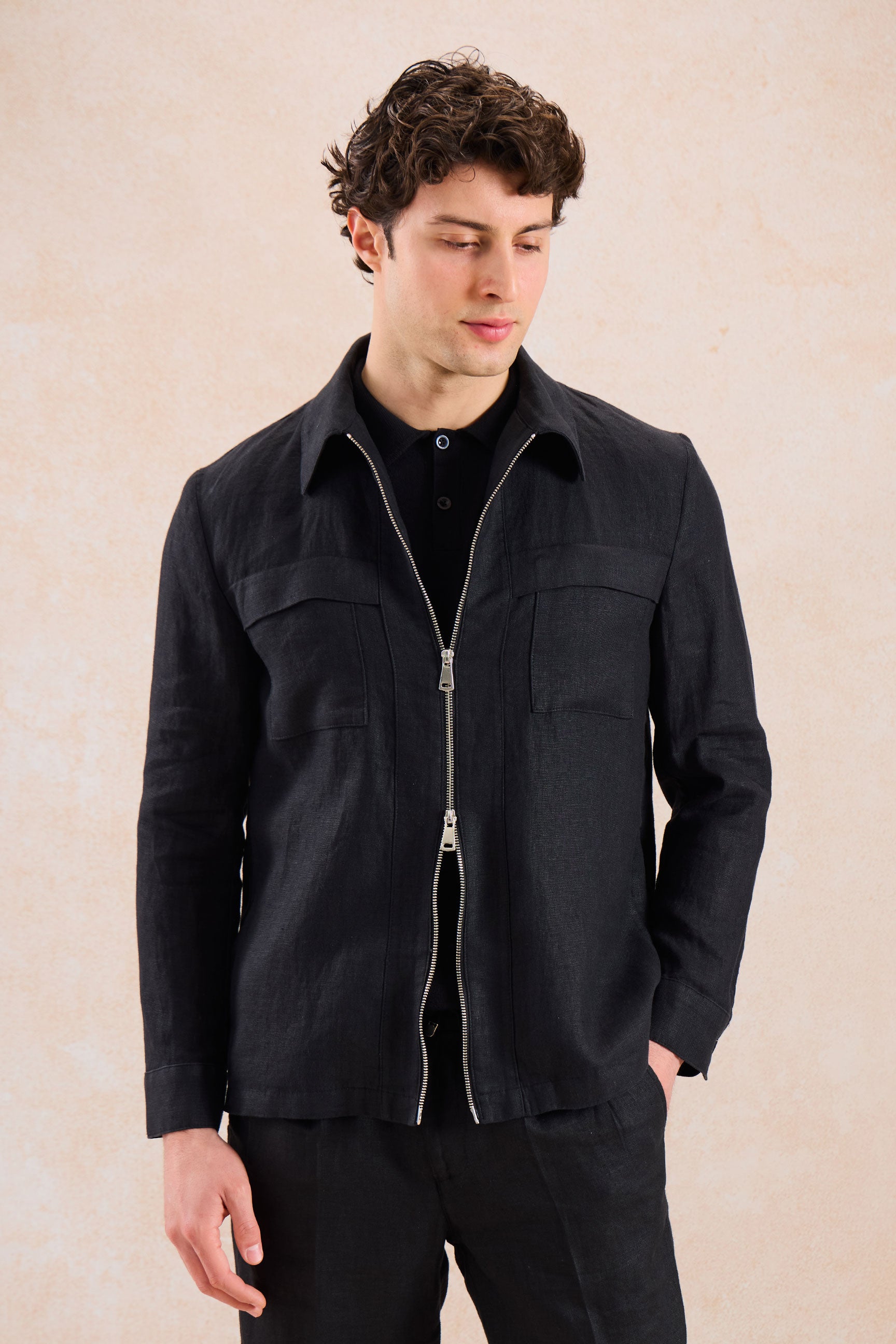 Surchemise d'été légère en lin noir pour homme, à fermeture éclair