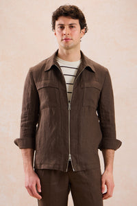 Costume deux pièces homme en lin marron, style safari, fermeture éclair, été.