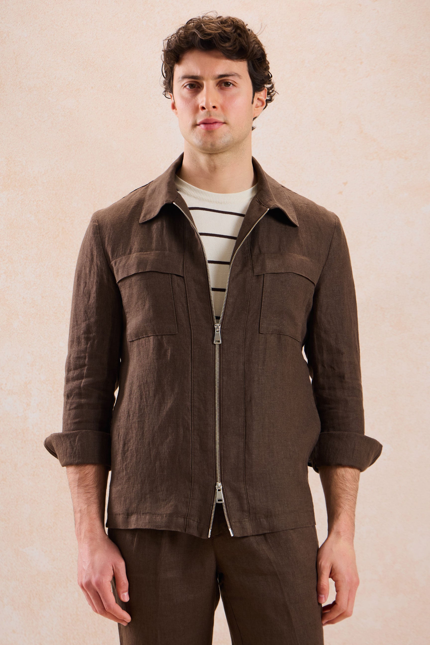 Surchemise d'été légère en lin marron pour homme, à fermeture éclair