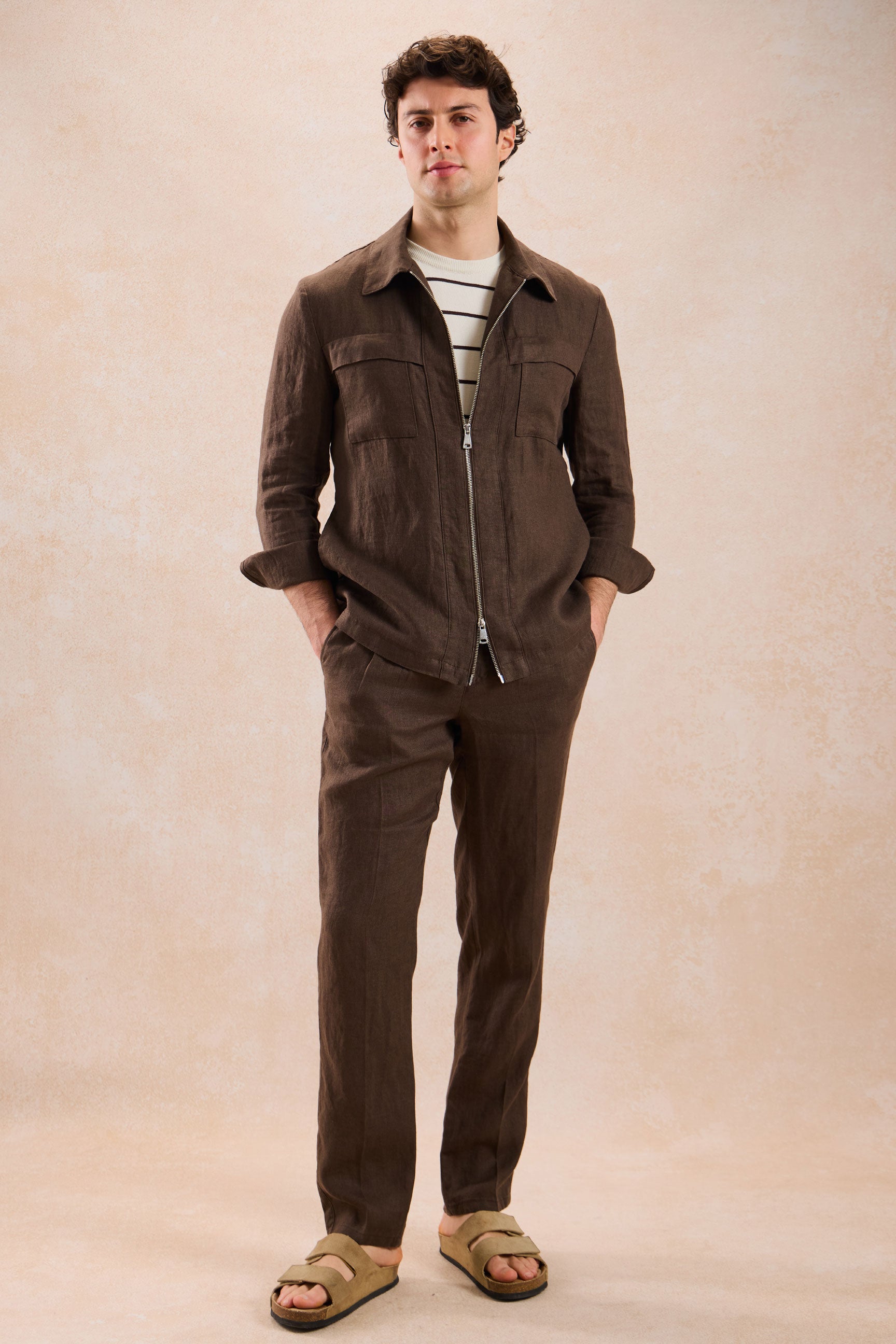 Surchemise d'été légère en lin marron pour homme, à fermeture éclair