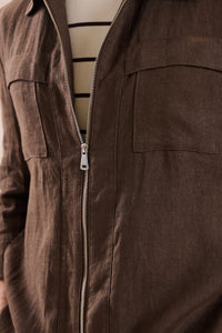 Surchemise d'été légère en lin marron pour homme, à fermeture éclair