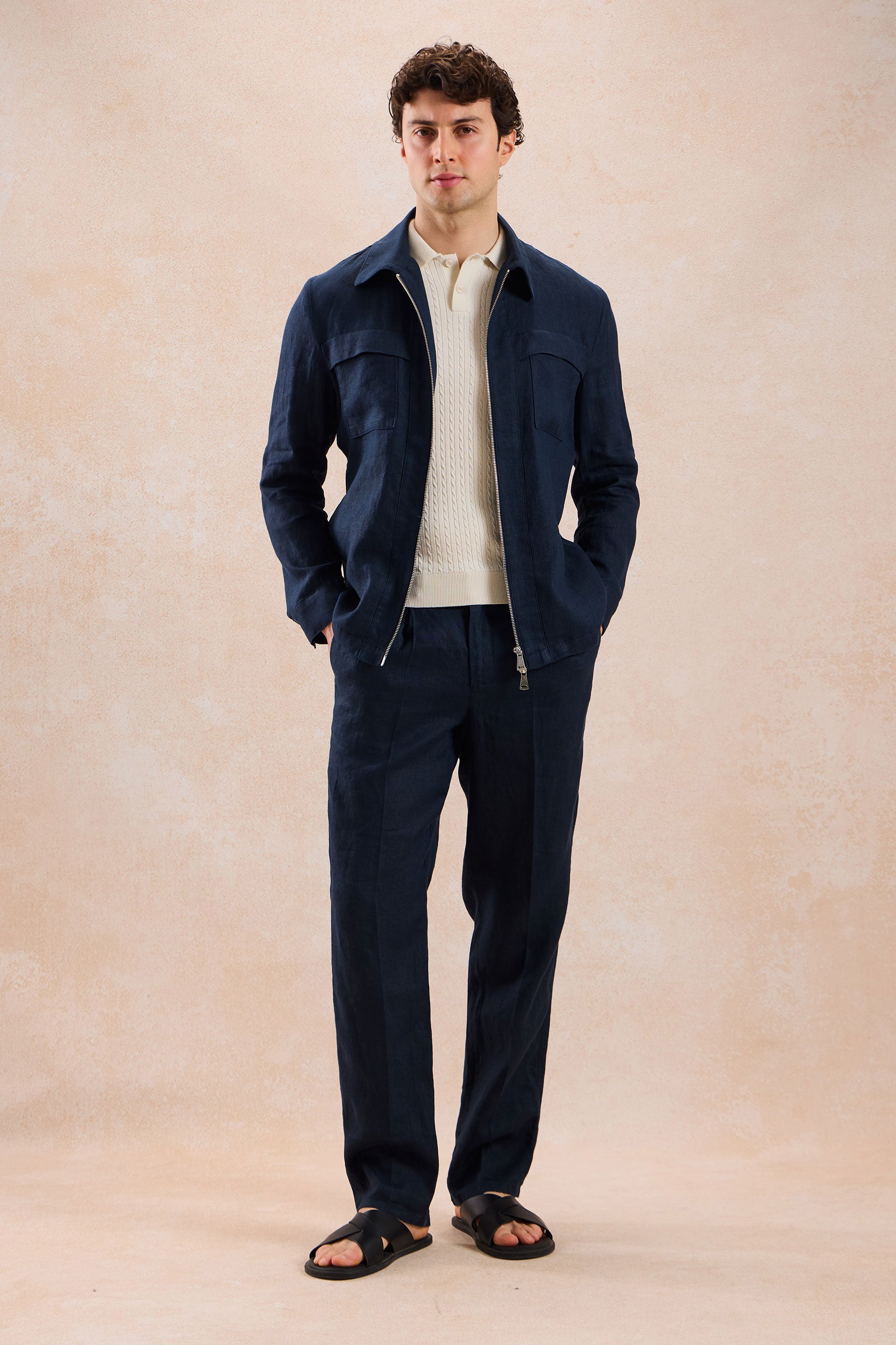 Costume deux pièces homme en lin bleu marine, style safari, fermeture éclair, idéal pour l'été