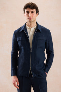 Costume deux pièces homme en lin bleu marine, style safari, fermeture éclair, idéal pour l'été