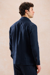 Costume deux pièces homme en lin bleu marine, style safari, fermeture éclair, idéal pour l'été