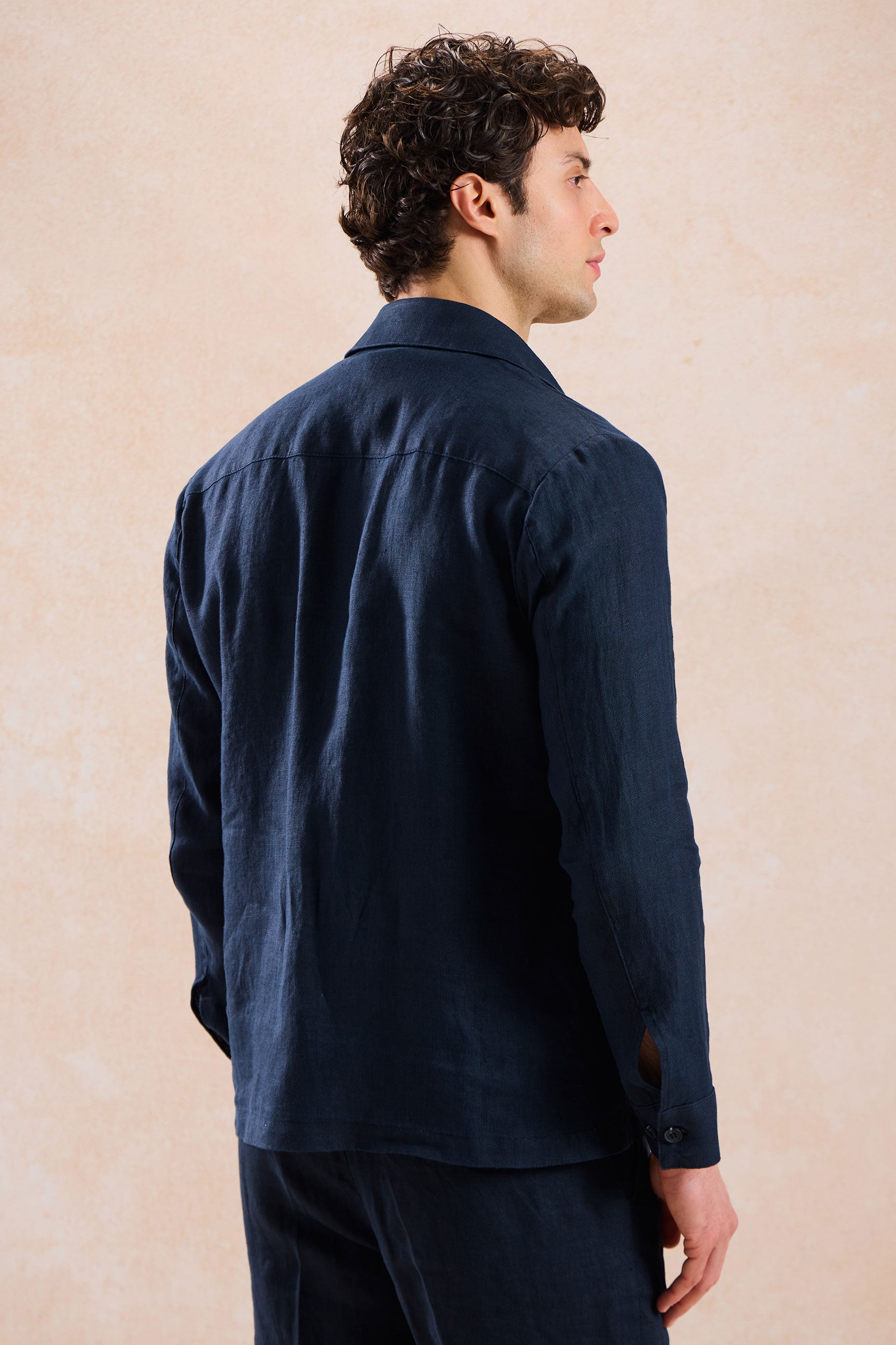 Costume deux pièces homme en lin bleu marine, style safari, fermeture éclair, idéal pour l'été