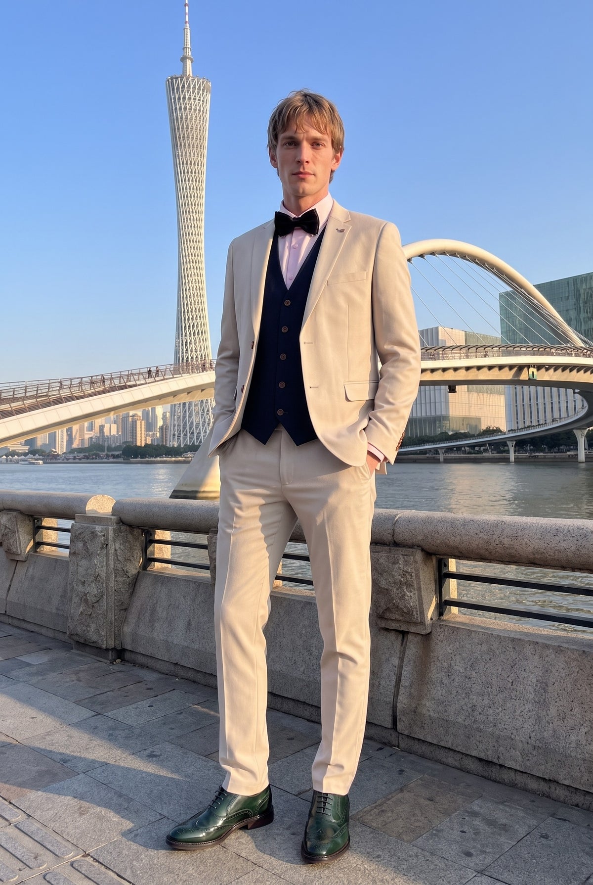 Look #999 styled with Mayfair - Costume trois pièces crème pour homme avec gilet bleu marine
