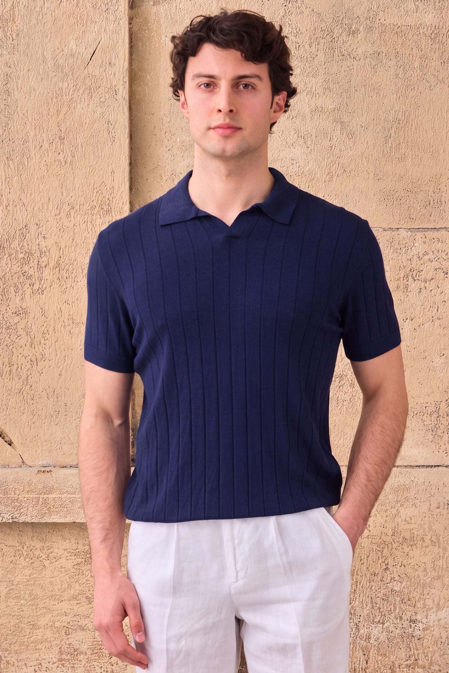 Polo homme bleu marine foncé en maille côtelée