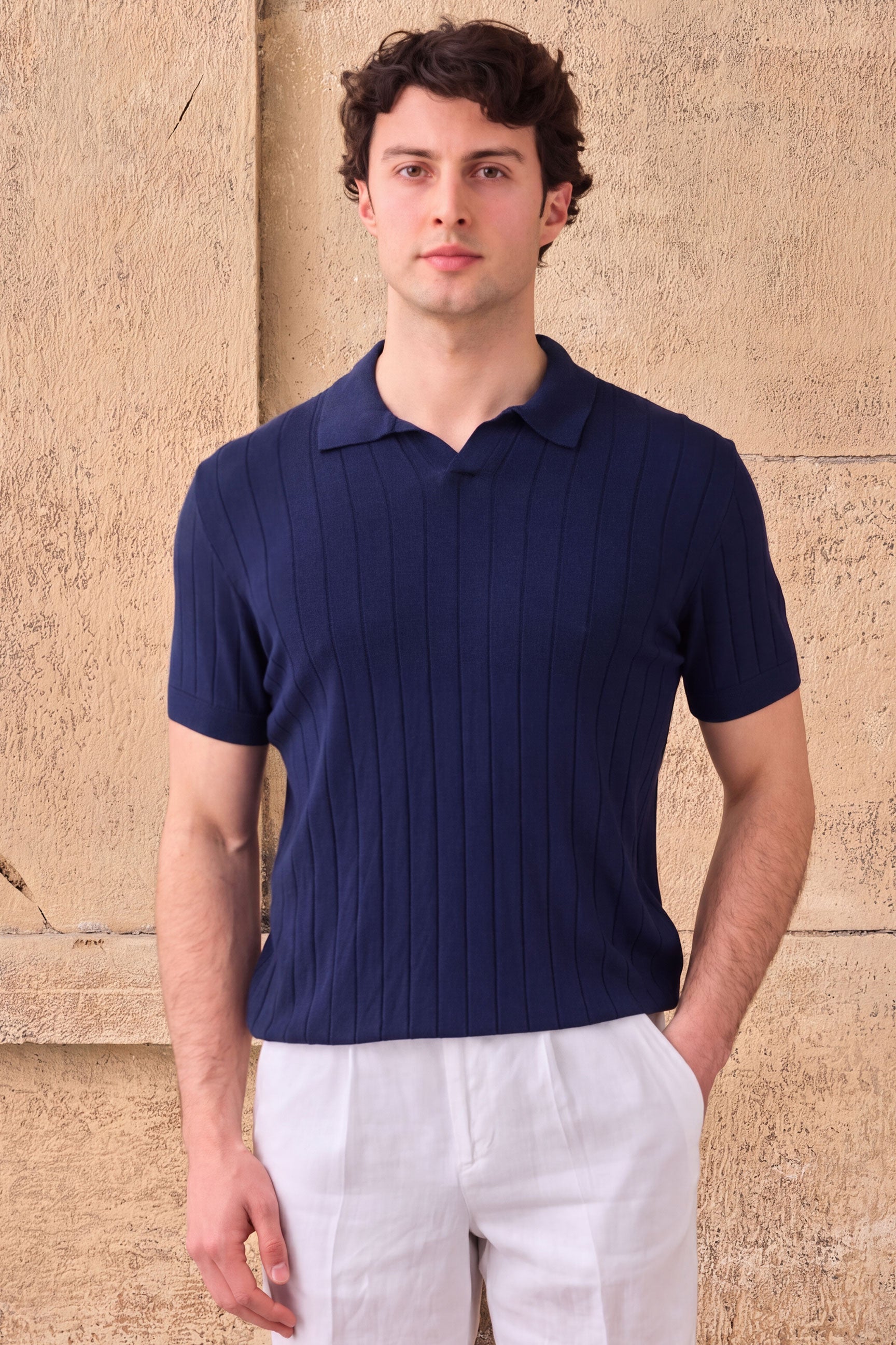 Polo homme bleu marine foncé en maille côtelée