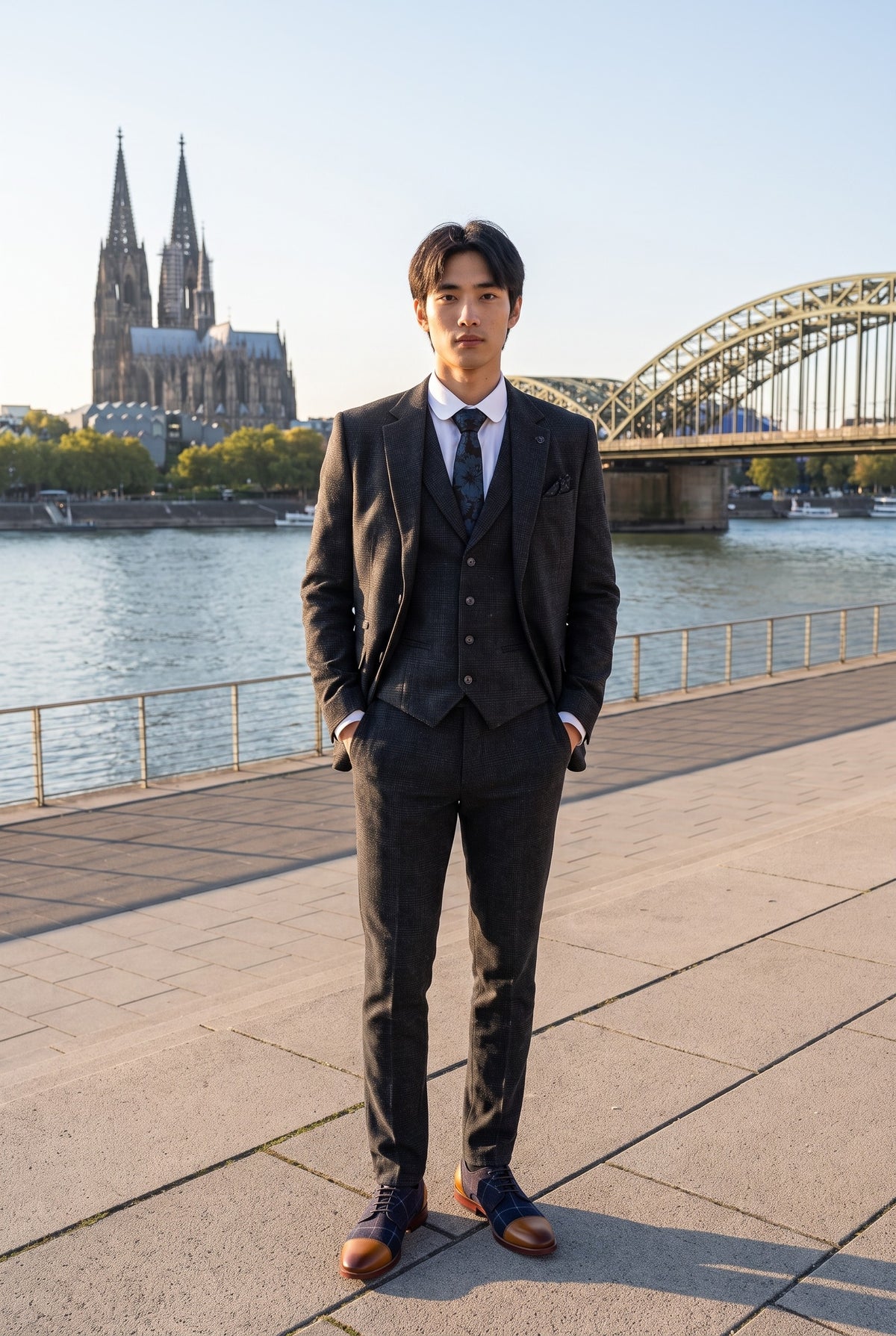 Look #938 styled with Costume trois pièces pour homme à carreaux Prince de Galles noirs