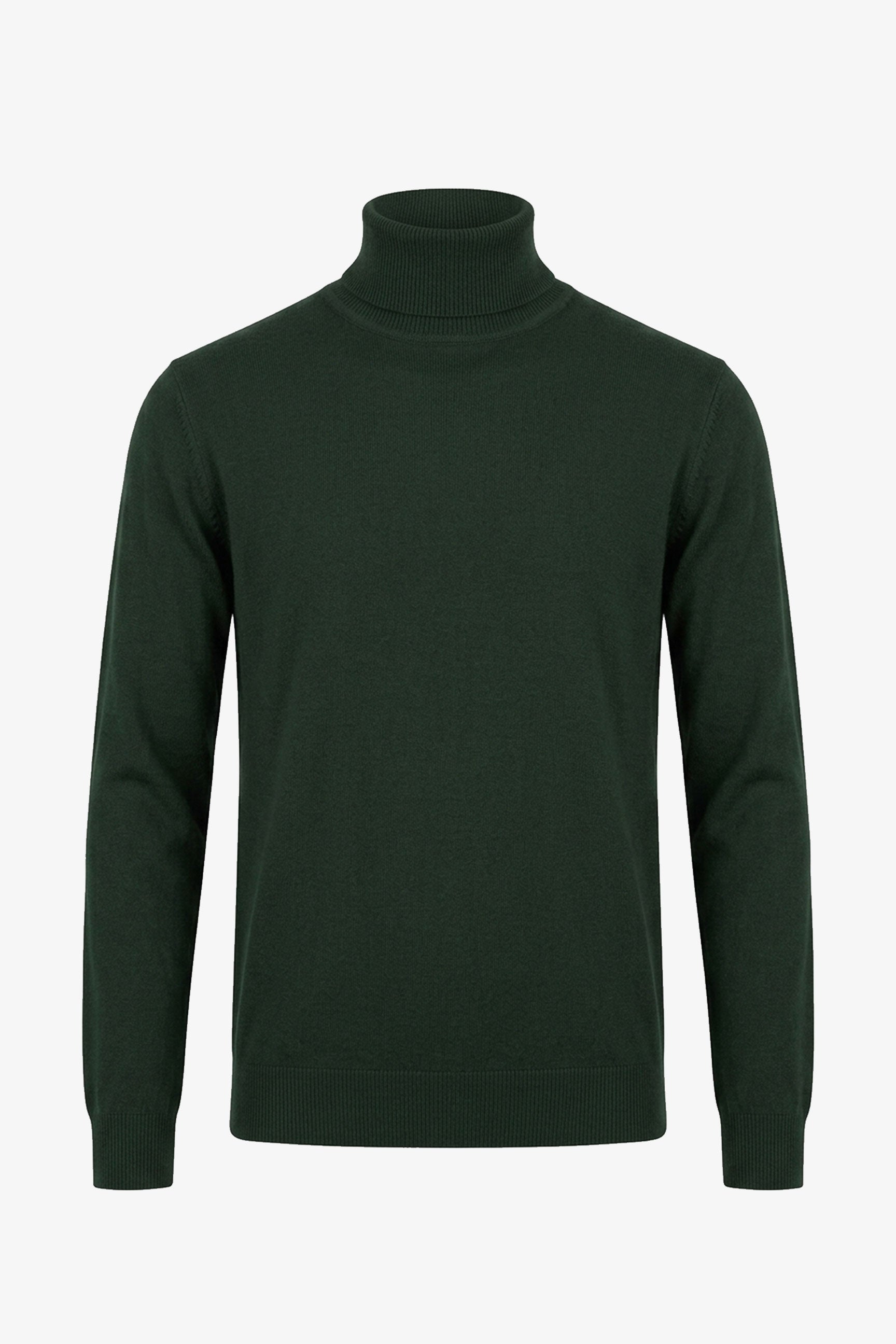Pull à col roulé vert pour homme, en maille douce à manches longues et mélange de viscose.