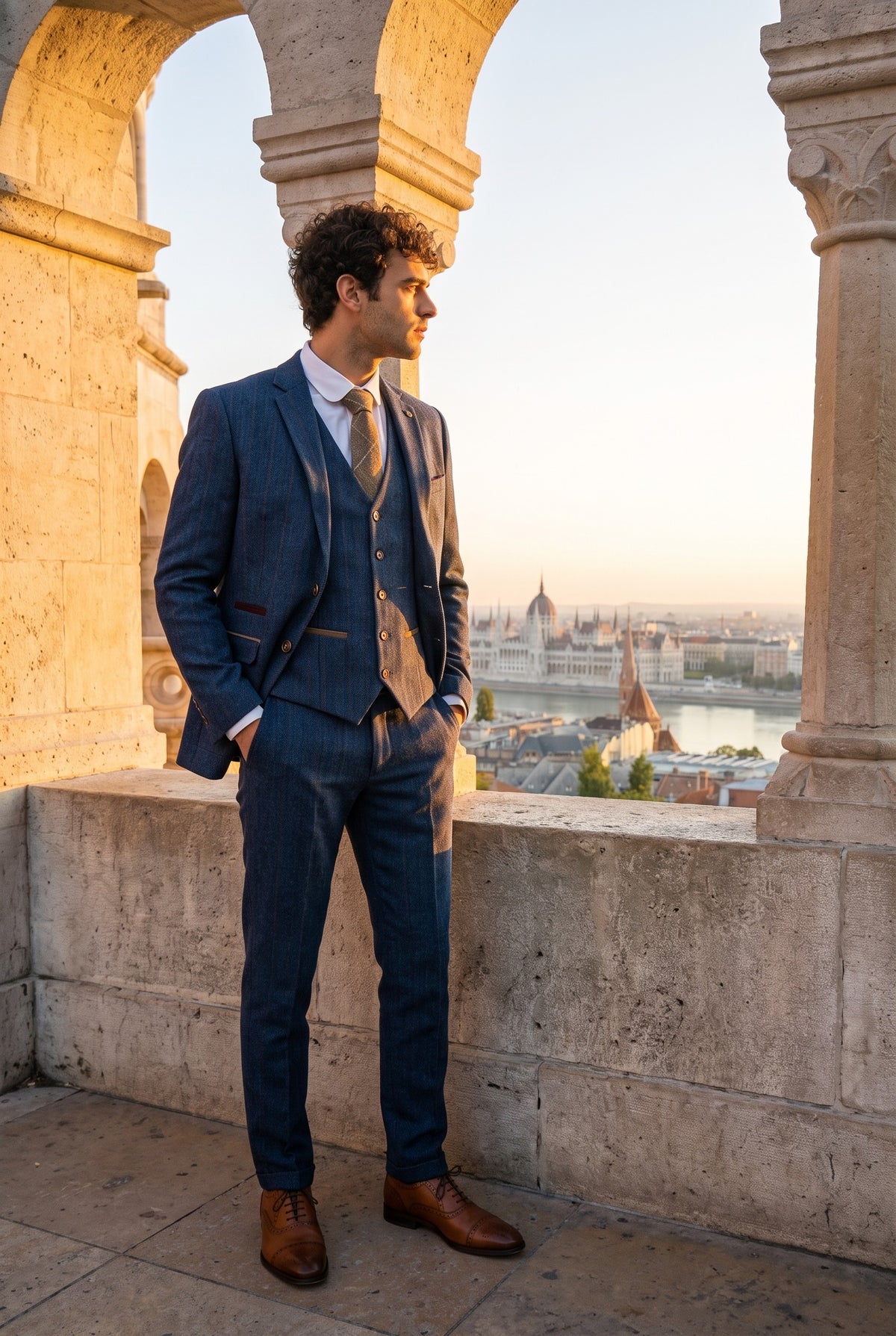 Look #365 styled with Costume trois pièces en tweed à carreaux bleus pour homme Scott
