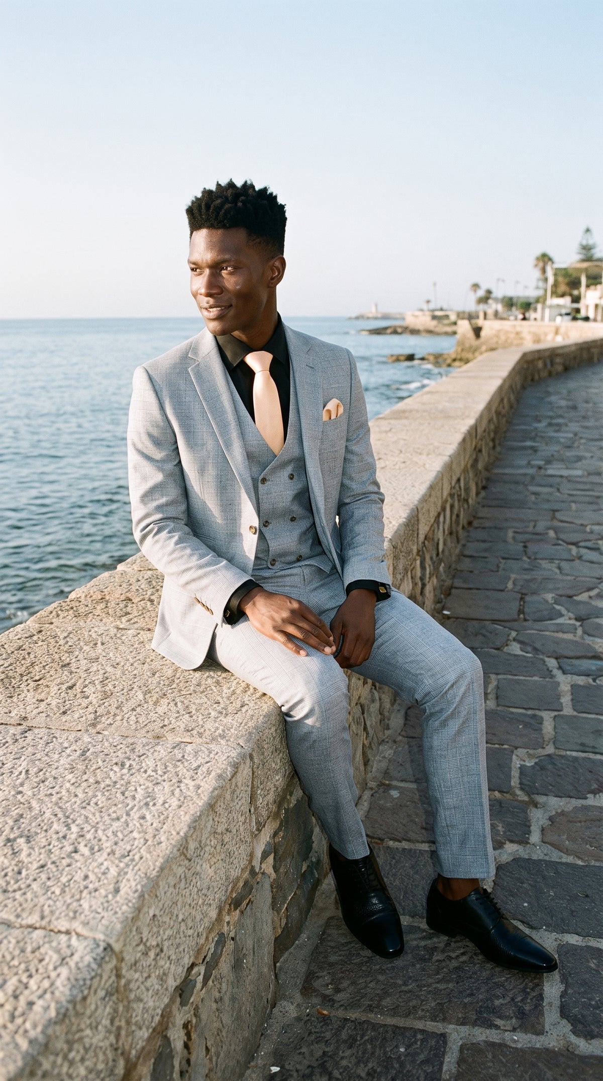 Look #493 styled with Luis - Costume trois pièces pour homme, bleu clair à carreaux, coupe ajustée