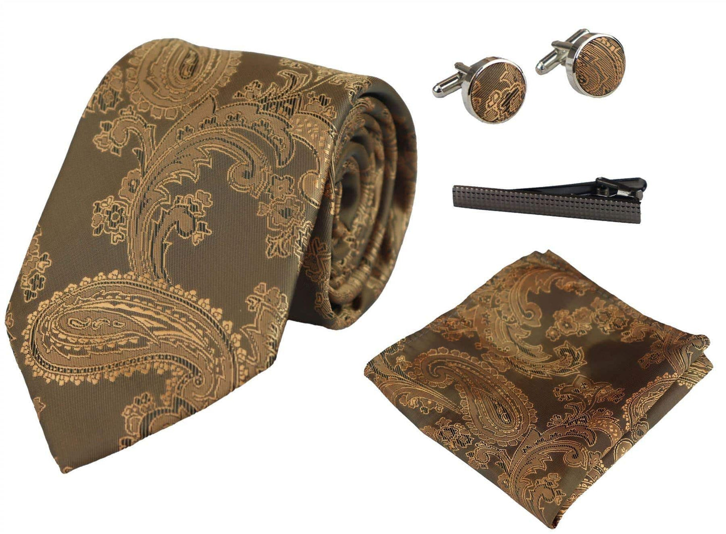 Paisley Neck Bronze Tie Gift Set Pocket Square Cuff Links Tie Floral Satin