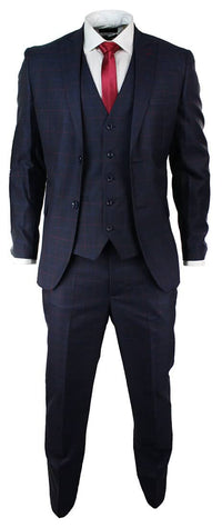 Men's Navy Blue Check 3 Piece Suit