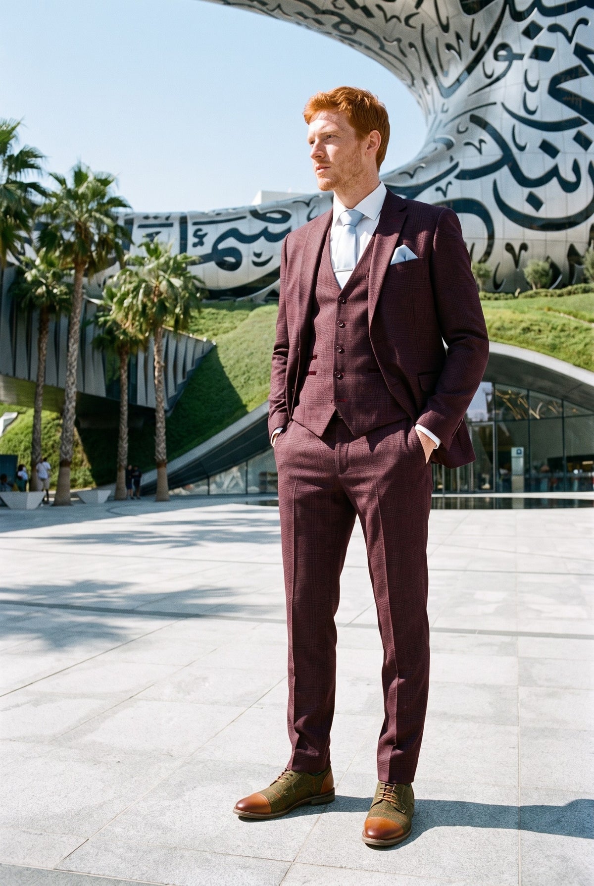 Look #286 styled with Regent - Costume trois pièces à carreaux Prince de Galles pour homme, couleur vin