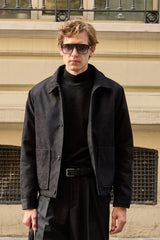 Veste en daim noir pour homme, doublée et matelassée, à boutons