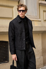Veste en daim noir pour homme, doublée et matelassée, à boutons