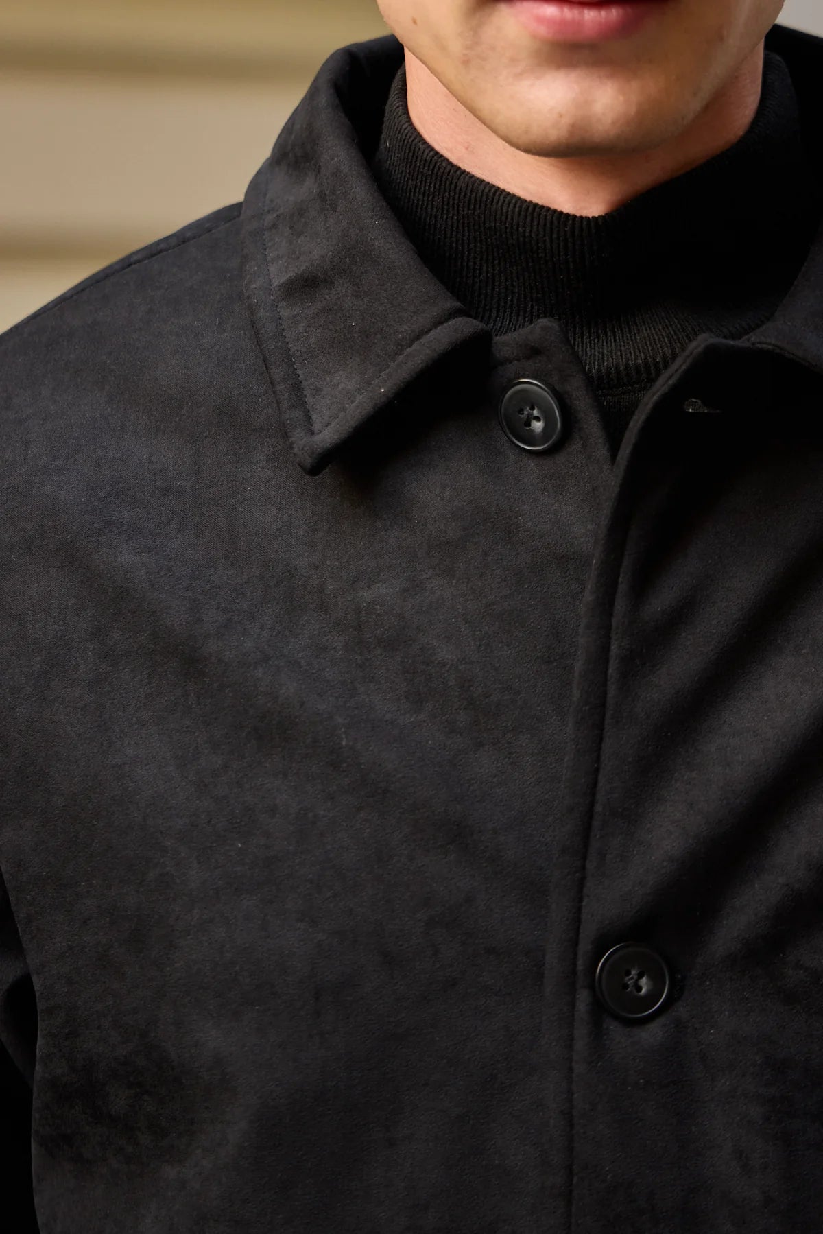 Veste en daim noir pour homme, doublée et matelassée, à boutons