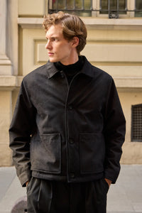 Veste en daim noir pour homme, doublée et matelassée, à boutons