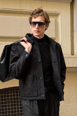 Veste en daim noir pour homme, doublée et matelassée, à boutons