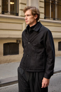 Veste en daim noir pour homme, doublée et matelassée, à boutons