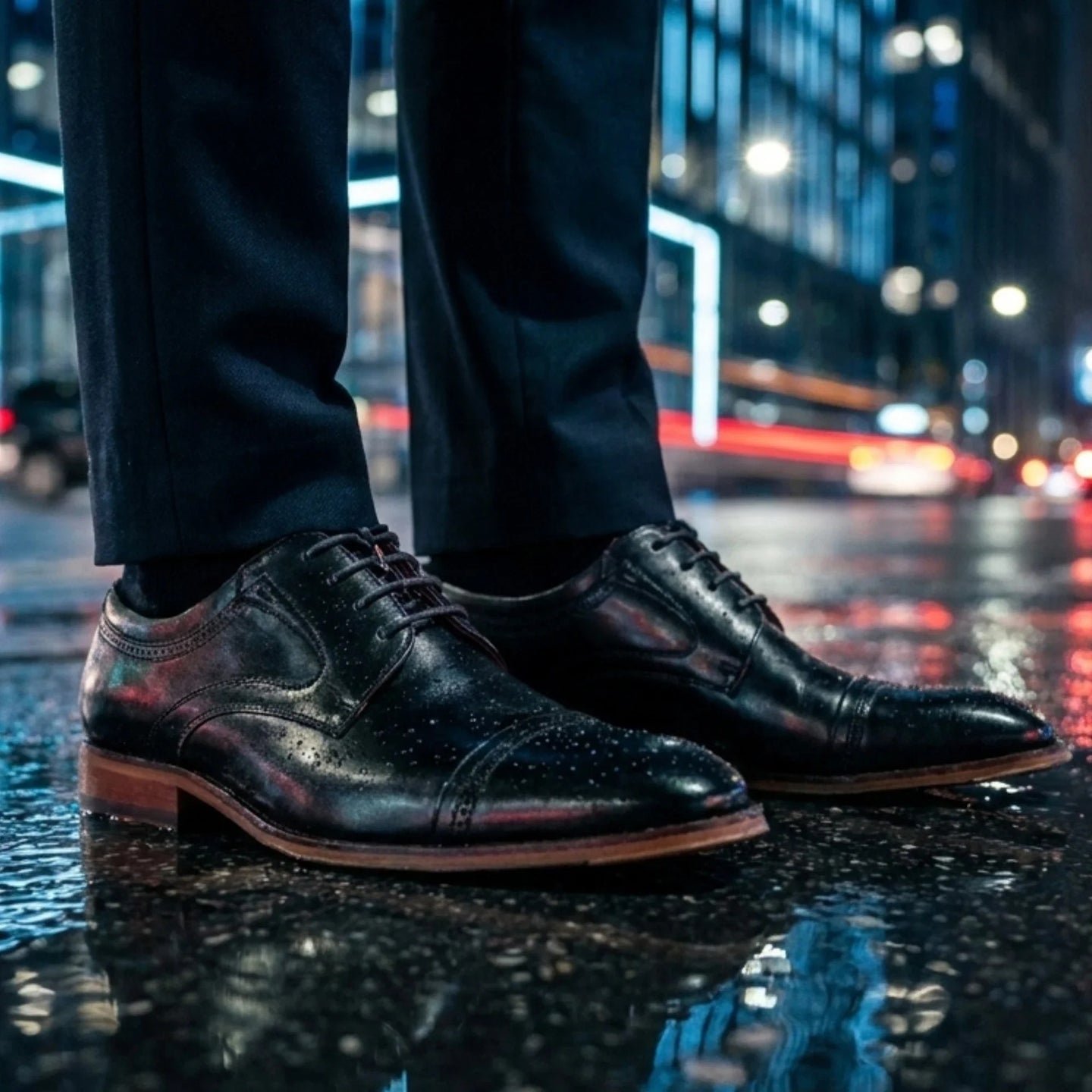 Everett - Chaussures Derby pour homme en cuir noir poli à bout rapporté