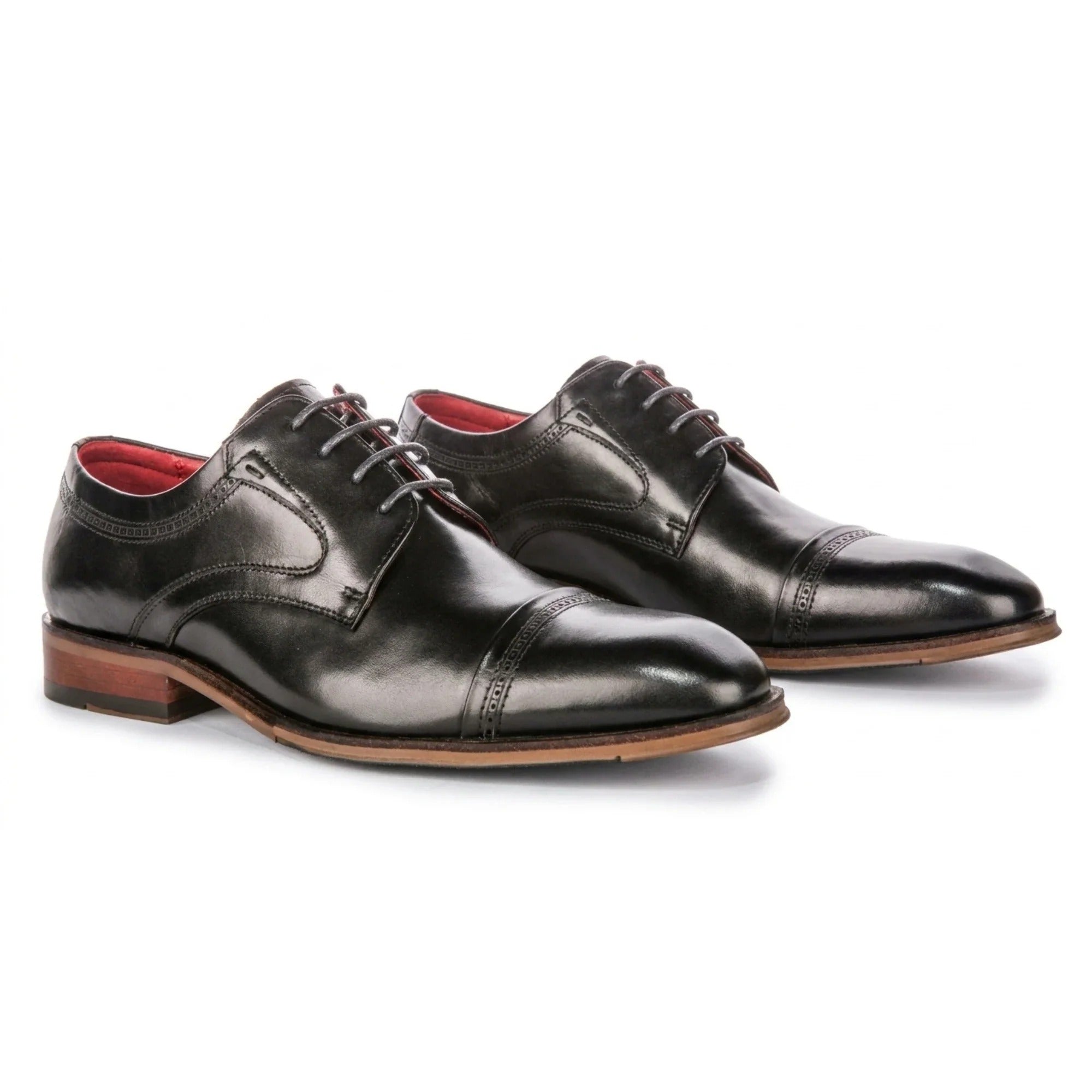 Everett - Chaussures Derby pour homme en cuir noir poli à bout rapporté