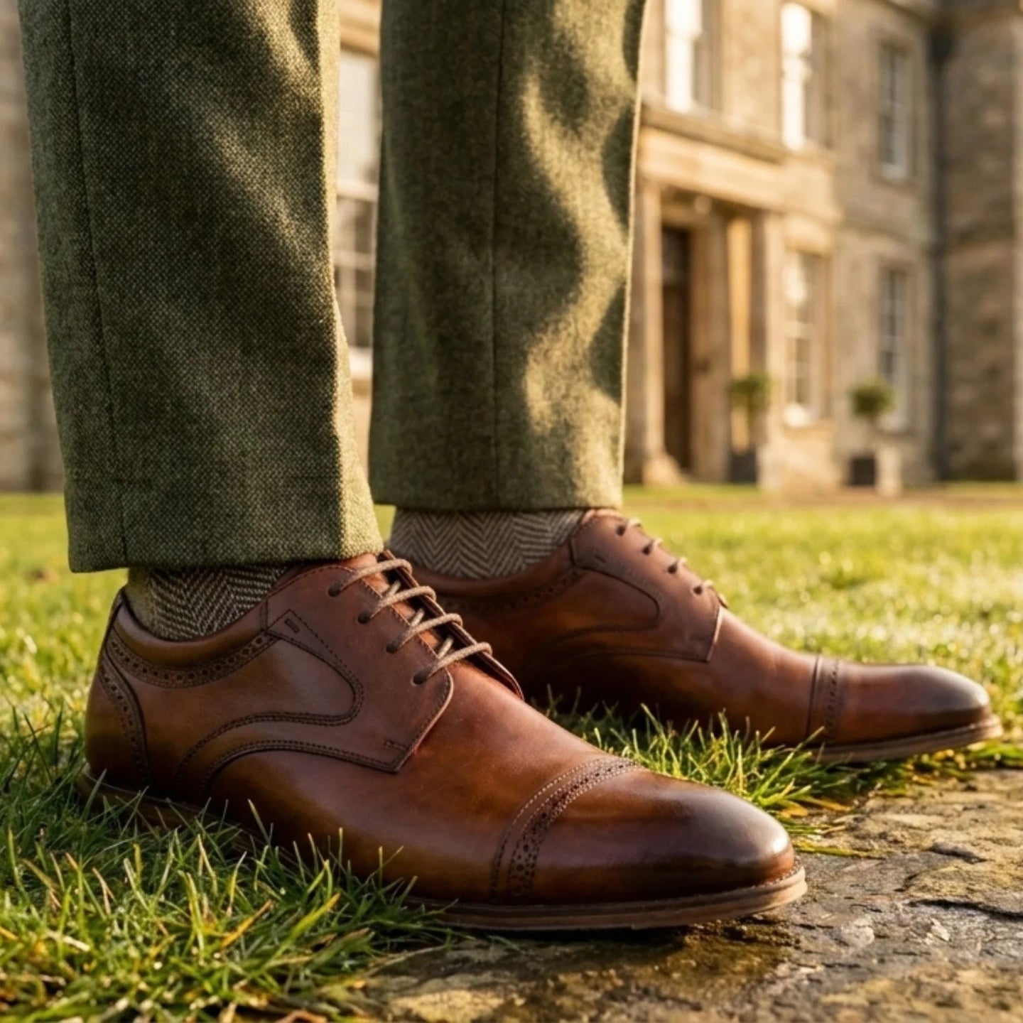Chaussures Derby Everett pour homme, en cuir marron poli, bout rapporté.