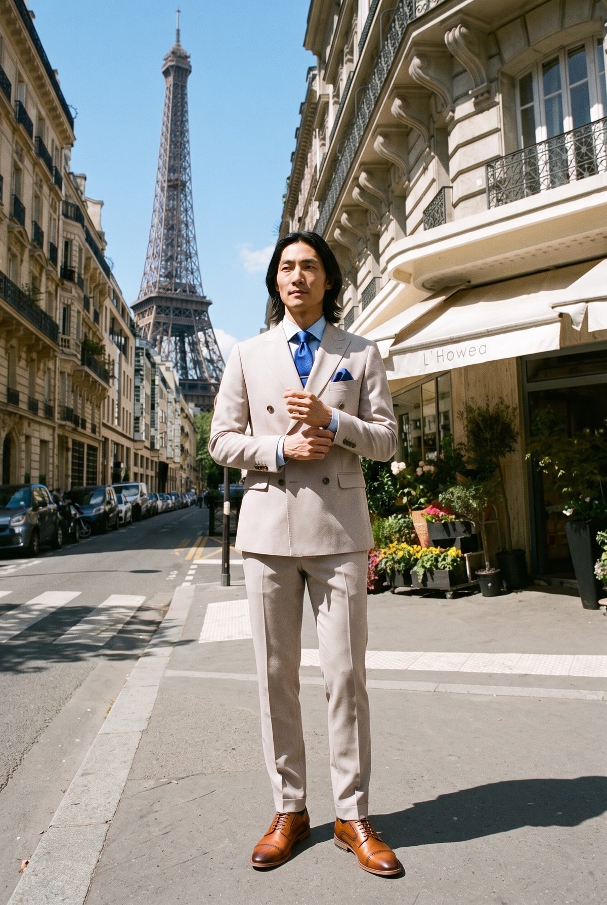 Look #654 styled with Mayfair - Costume croisé deux pièces pour homme couleur pierre