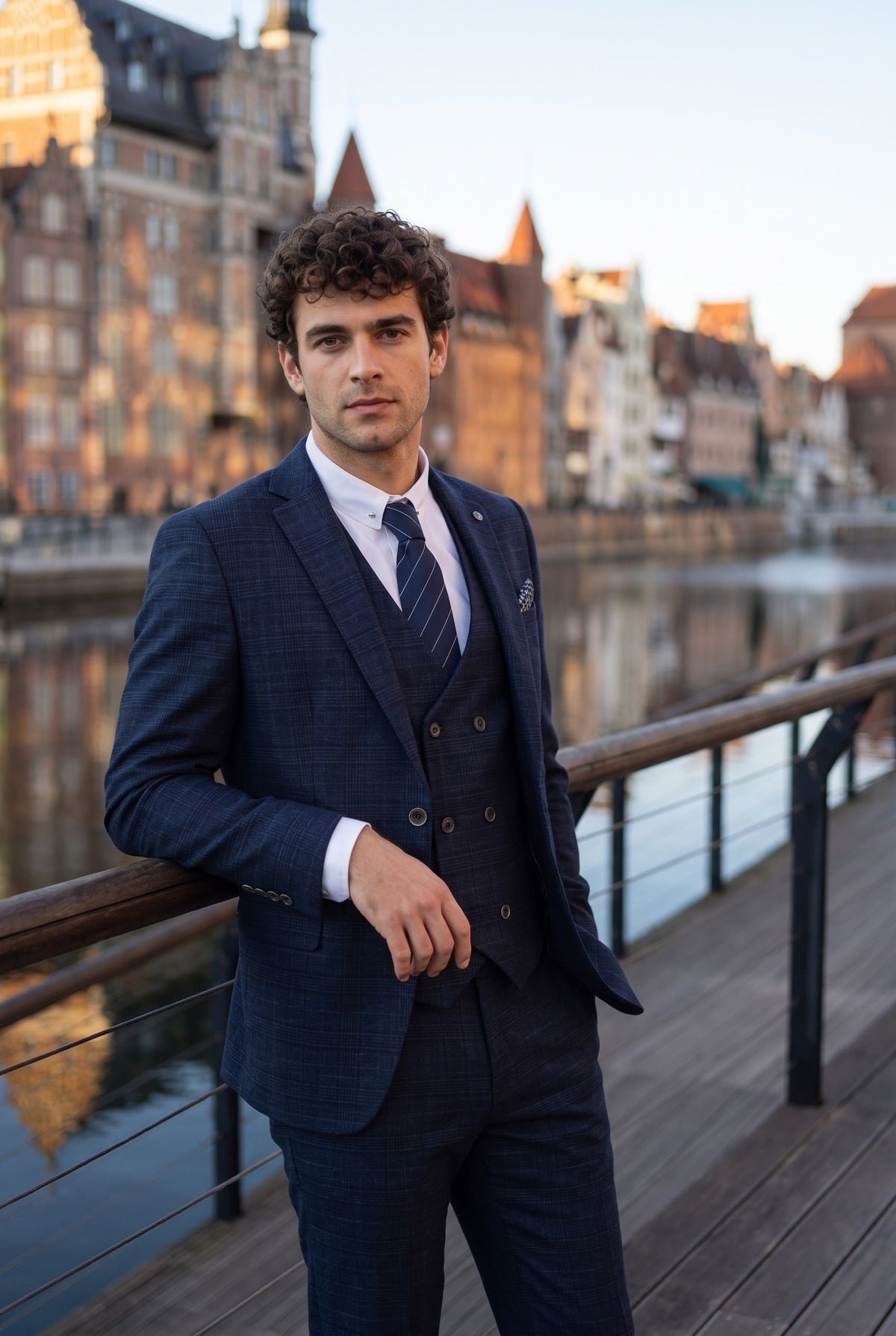 Look #344 styled with Luis - Costume trois pièces pour homme à carreaux bleus, coupe ajustée