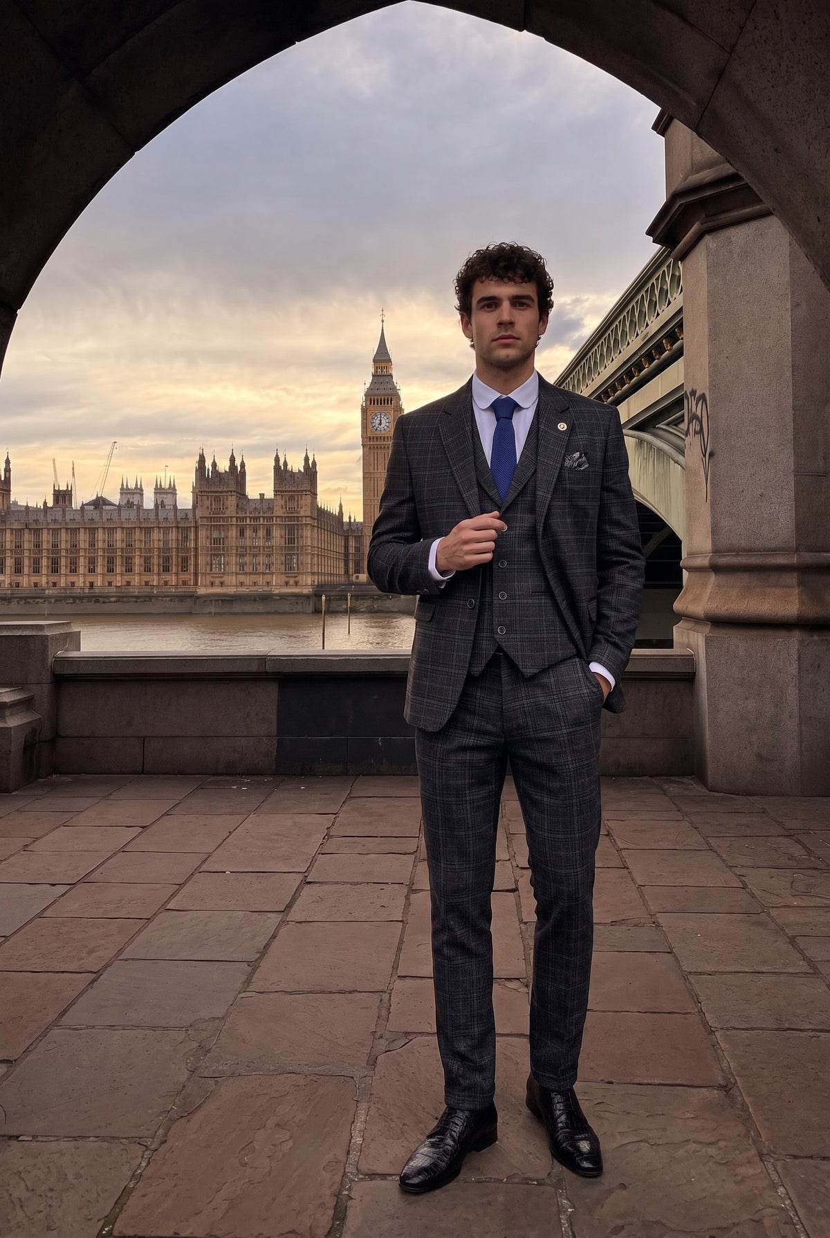 Look #323 styled with Costume trois pièces pour homme à carreaux tartan gris