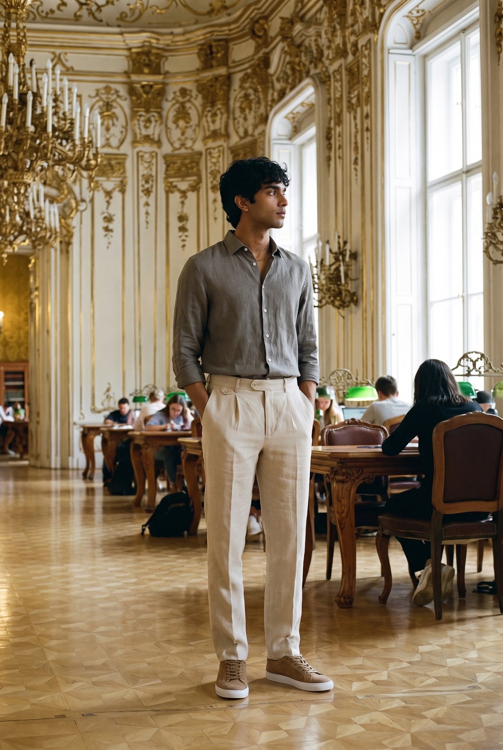 Look #1018 styled with Chemise d'été kaki pour homme en pur lin, manches longues, boutonnée