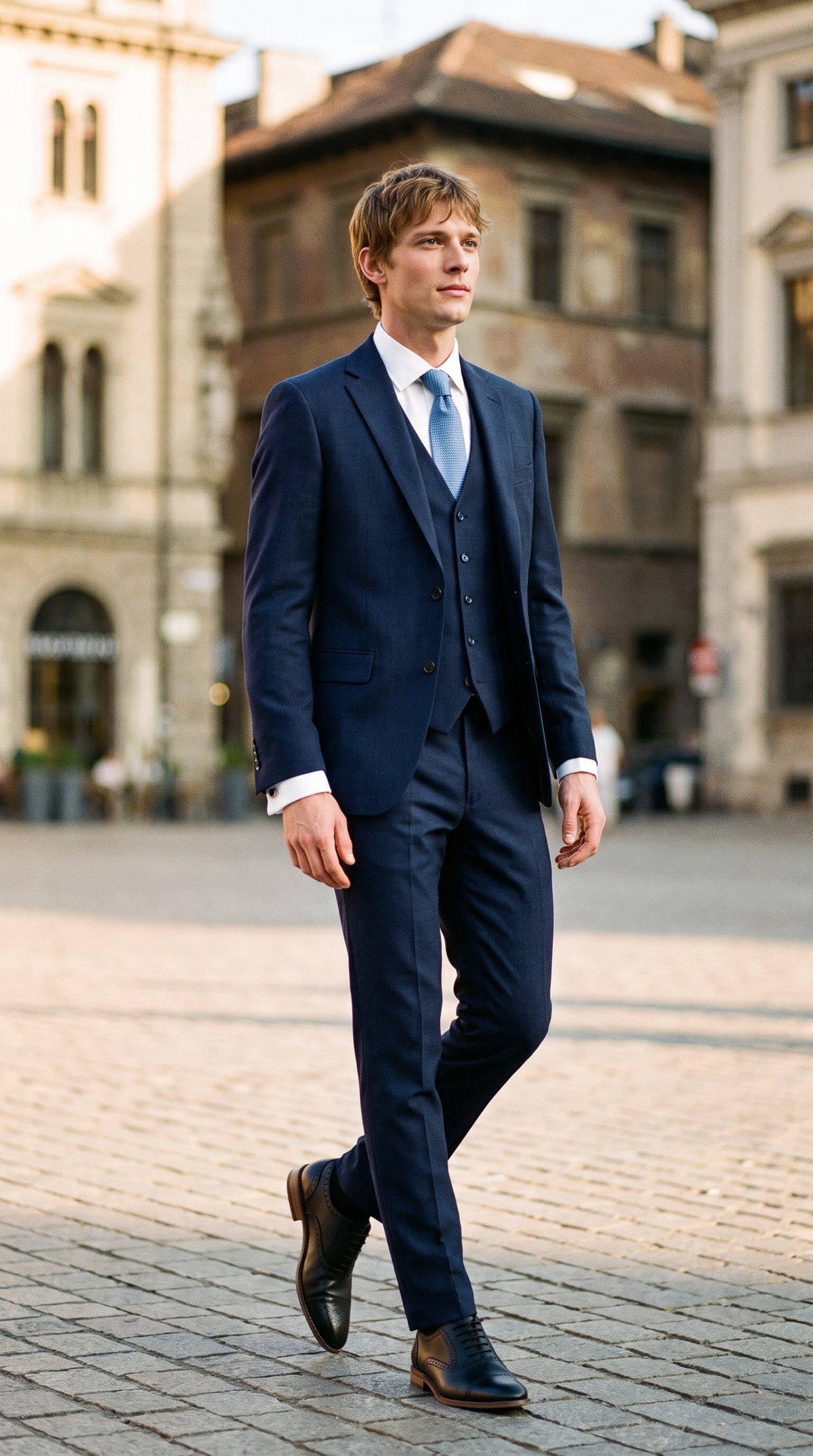 Look #822 styled with James - Costume trois pièces bleu marine pour homme, en laine, coupe ajustée