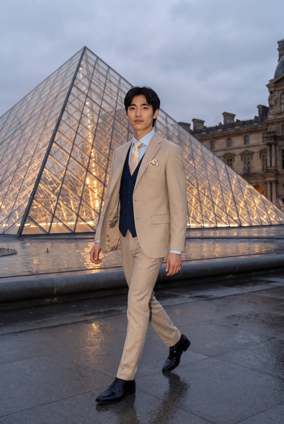 Look #1000 styled with Mayfair - Costume trois pièces crème pour homme avec gilet bleu marine