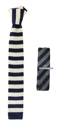 Mens Knitted Tie Hankie & Pin Set Navy Cream Striped Smart Formal Neck Tie
