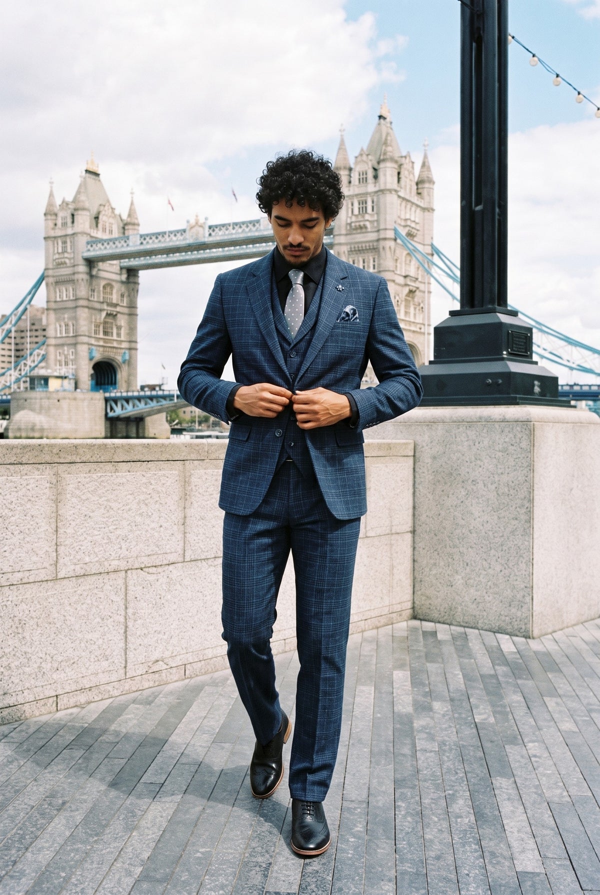 Look #980 styled with Costume trois pièces pour homme à carreaux tartan bleus