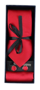 Satin Silk Red Tie Gift Set Pocket Square Cuff Links Tie Shiny Satin