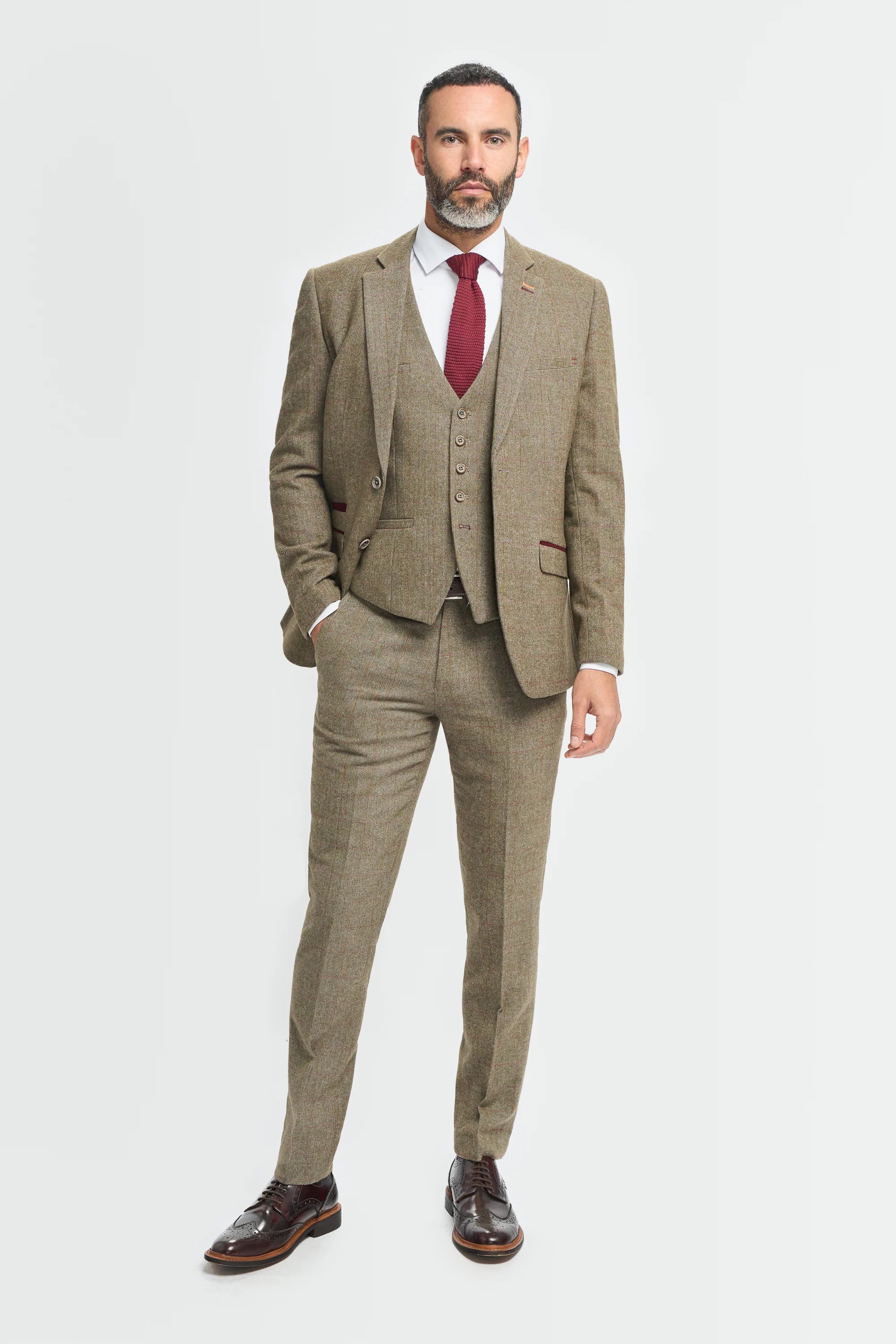 Costume homme en tweed à carreaux vert olive