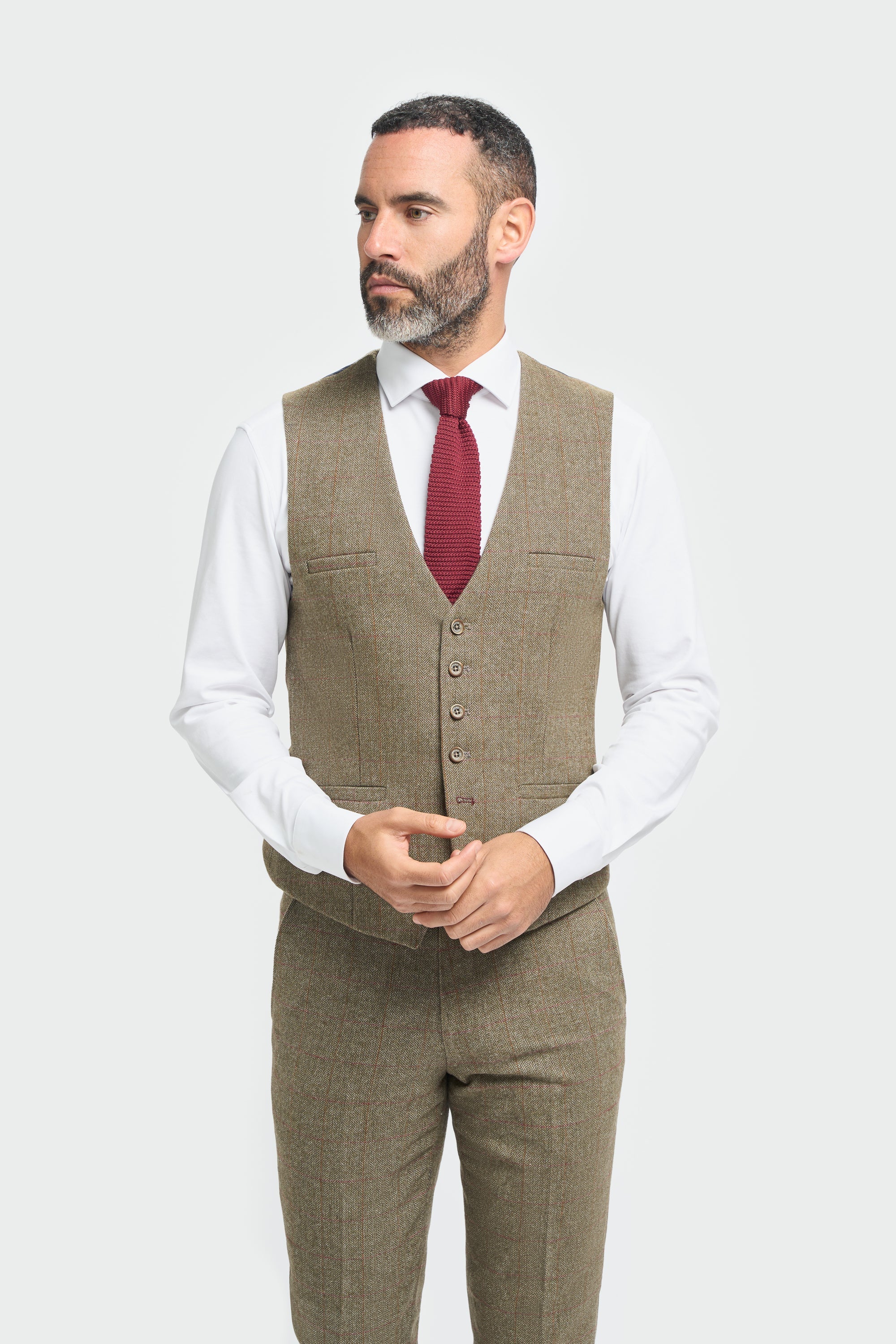 Costume homme en tweed à carreaux vert olive