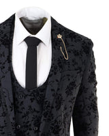Mens Black 3 Piece Paisley Velvet Suit