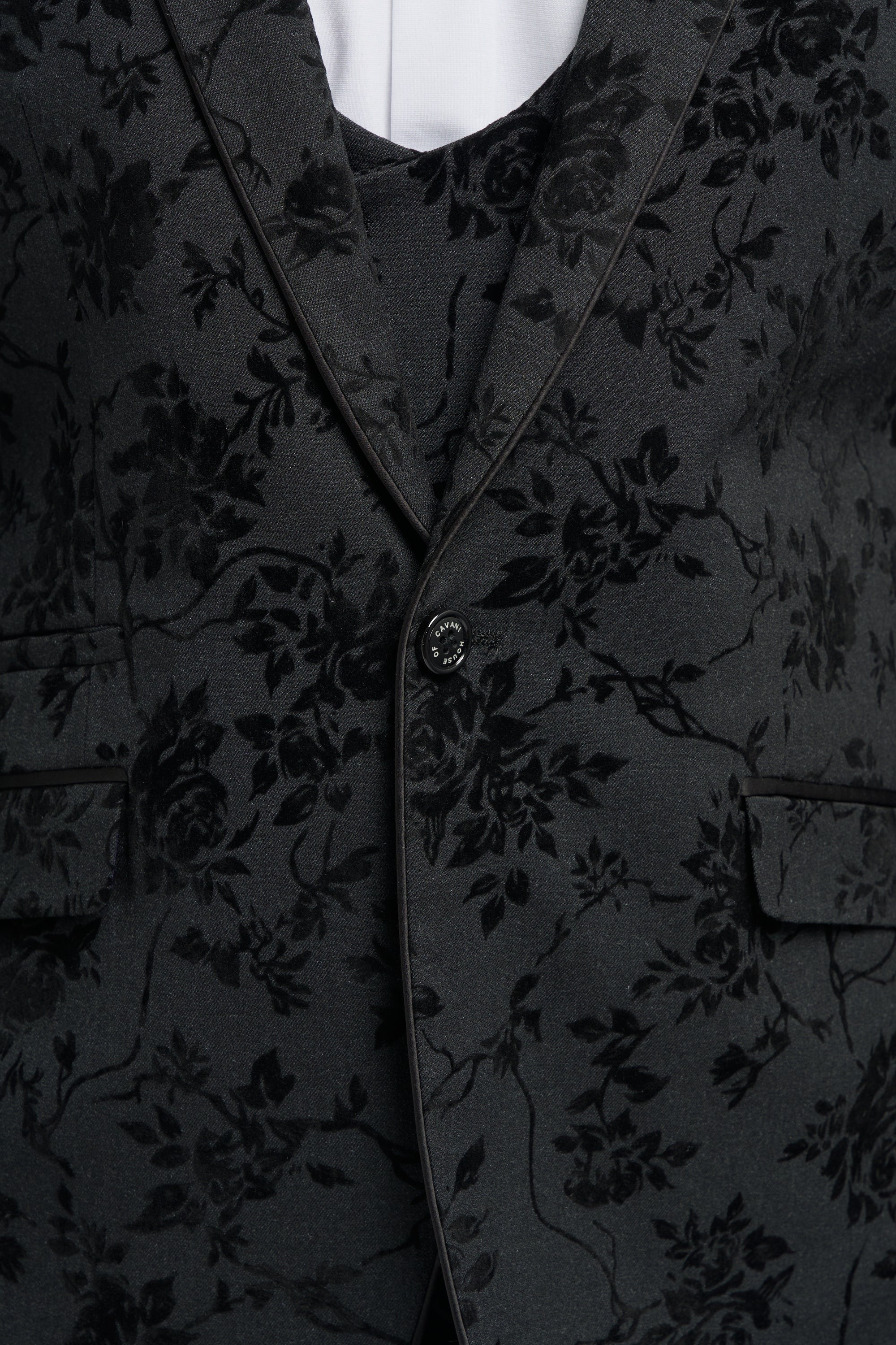 Costume trois pièces en velours noir à motif cachemire pour homme