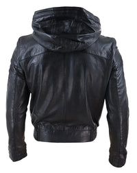 Mens Black Leather Bomber Jacket with Hood